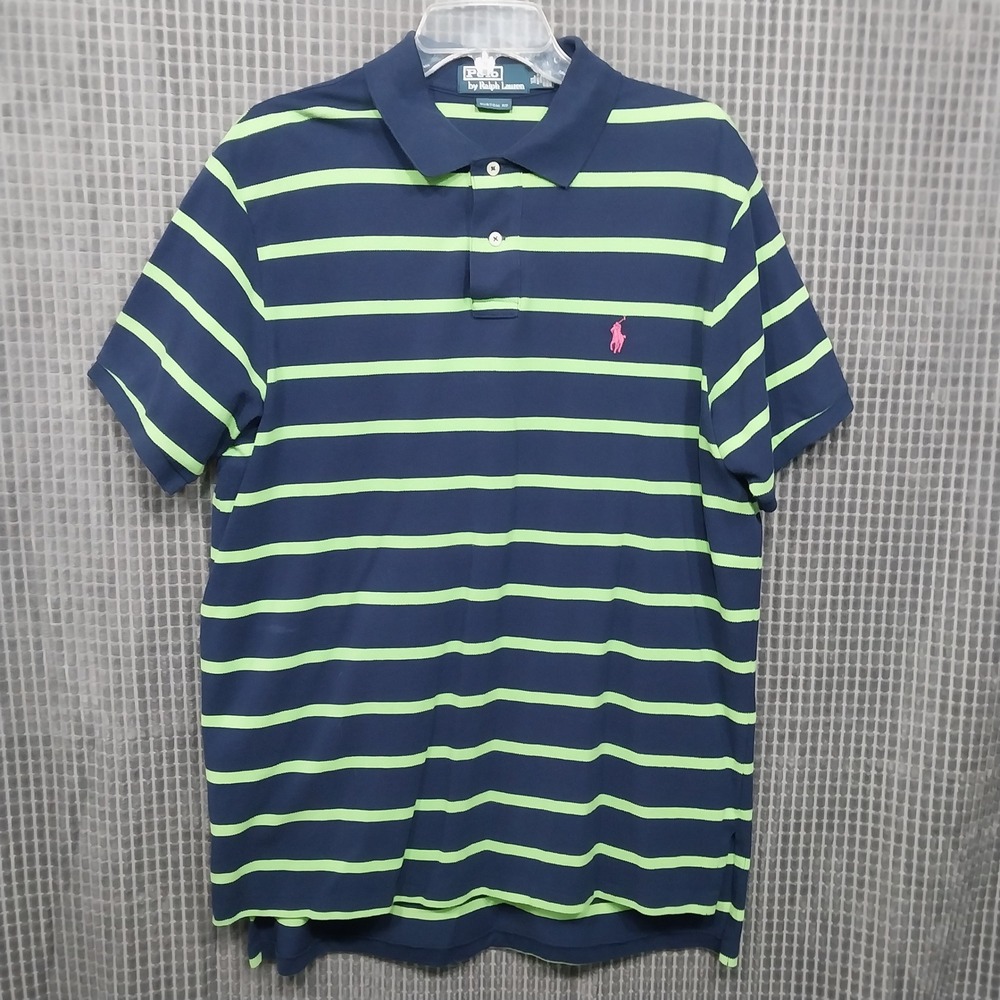 Polo Ralph Lauren Polo Shirt Mens Striped Custom Fit XL Navy Blue Lime Green